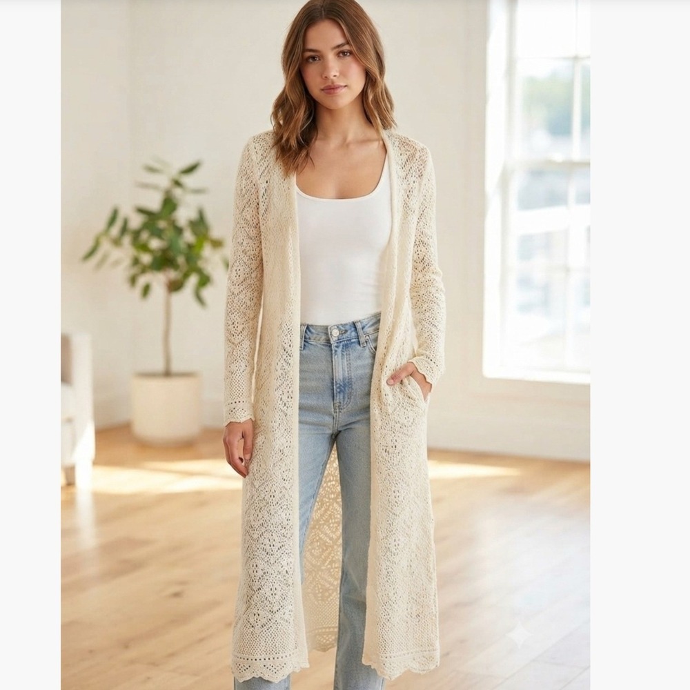 Freshman 1996‎ Cream Crochet Duster Cardigan SZM Boho Festival Summer Western